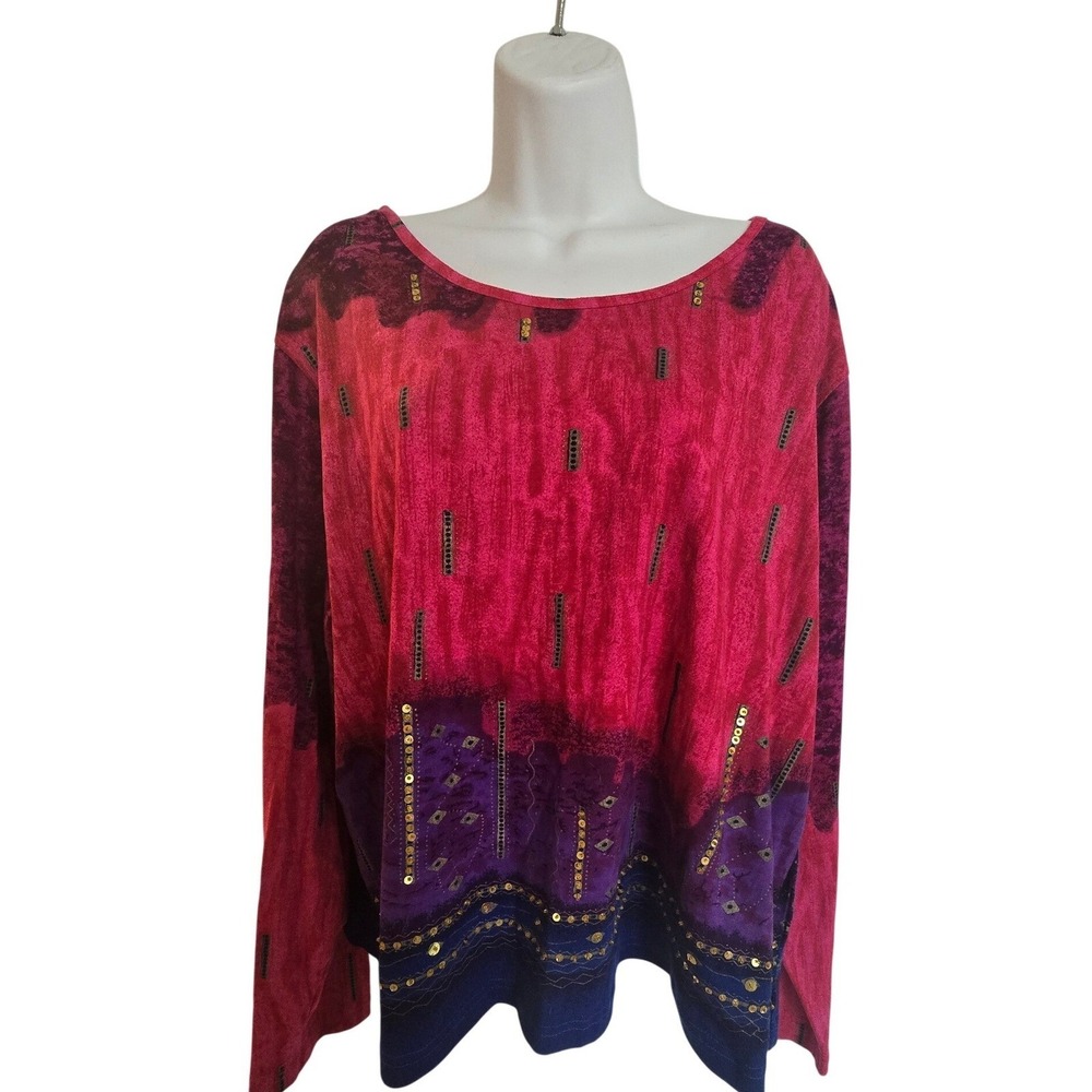 PHOOL Tie Dye Long Sleeve Shirt Sequins Boho Festival‎ Purple Pink Blue 2X /0216